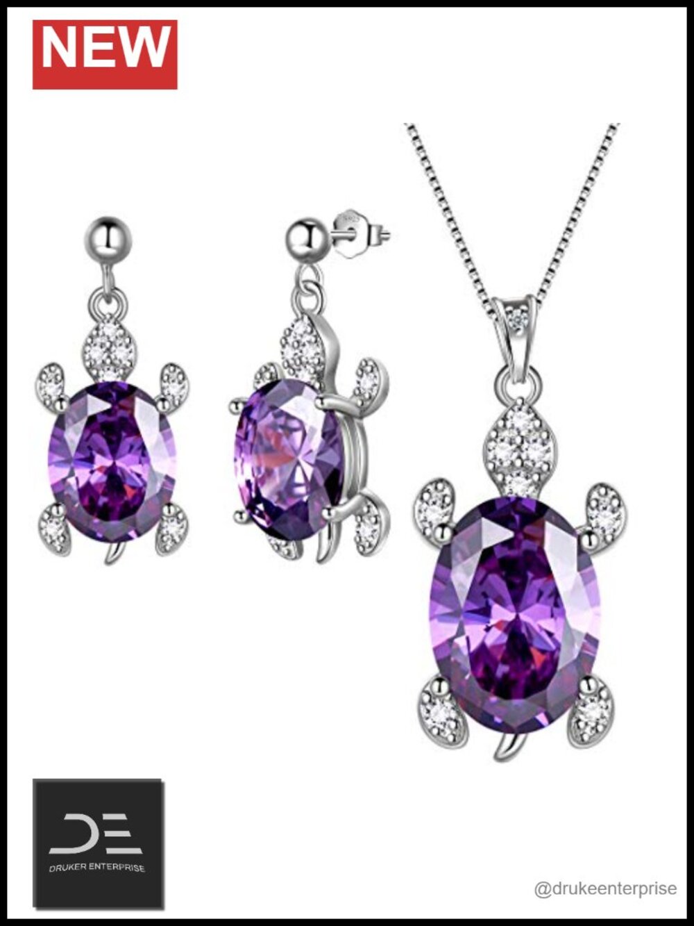 Aurora Tears 925 Sterling Silver Turtle Jewelry Set Necklace Earrings CZ Sea